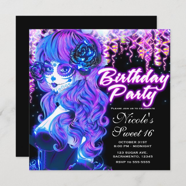 Day of the Dead Sugar Skull Glow Birthday Party Invitation (Front/Back)