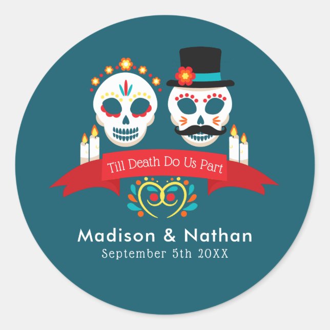 Day of the Dead Sugar Skull Gothic Wedding Classic Round Sticker (Front)
