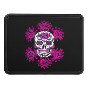 Day Of The Dead Sugar Skull Pink Abstract Flowers Trailer Hitch Cover