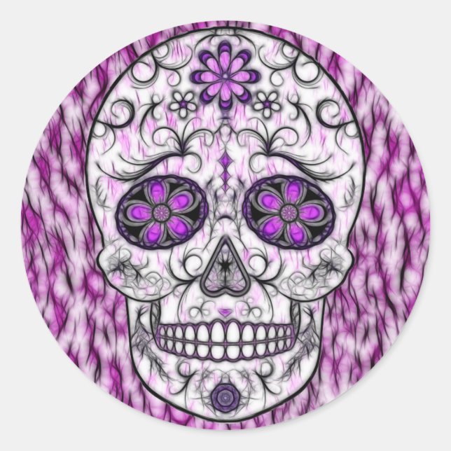 Day of the Dead Sugar Skull - Pink & Purple 1.0 Classic Round Sticker (Front)