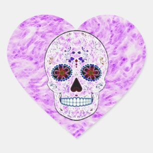 Day of the Dead Sugar Skull-Purple & Multi Fractal Heart Sticker