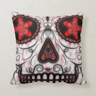 Day of the Dead Sugar Skull - Red & Black Fractal Throw Pillow