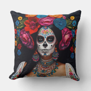 Day of the Dead Sugar Skull Roses 2 Sides Throw Pillow