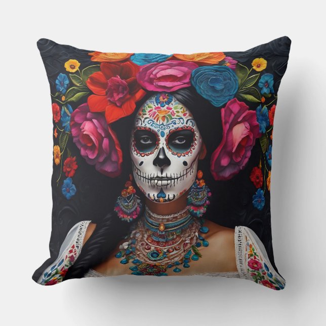 Day of the Dead Sugar Skull Roses 2 Sides Throw Pillow (Front)
