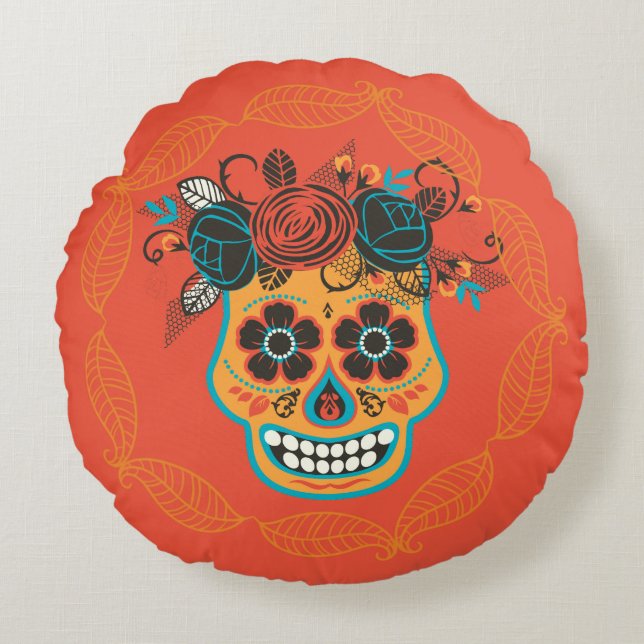 Day of the Dead Sugar Skull Round Pillow (Front)