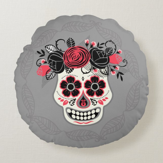 Day of the Dead Sugar Skull Round Pillow (Front)