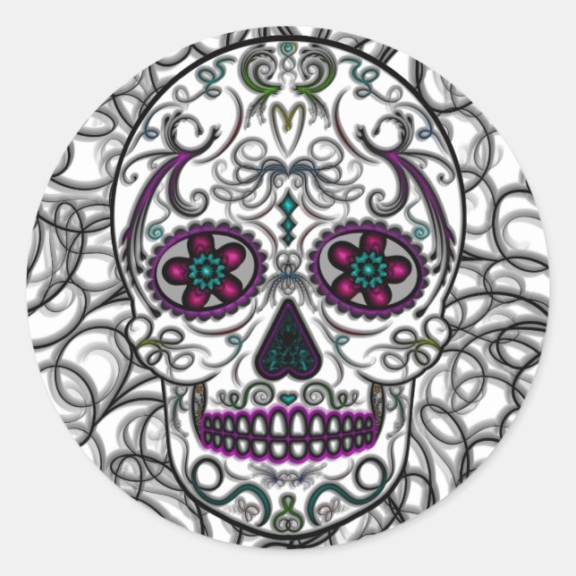 Day of the Dead Sugar Skull - Swirly Multi Colour Classic Round Sticker (Front)