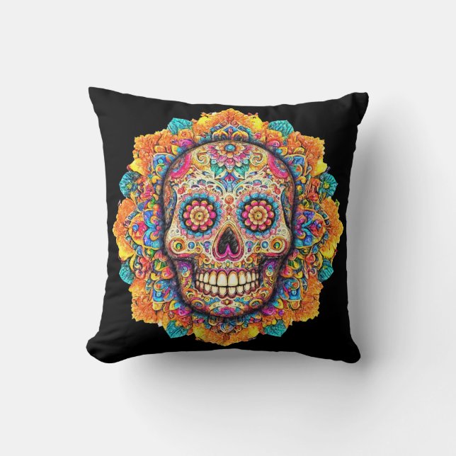 Day of the Dead Sugar Skull Throw Pillow (Front)