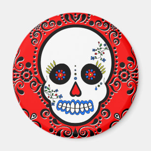 Day of the Dead Sugar Skull - White and Red Magnet