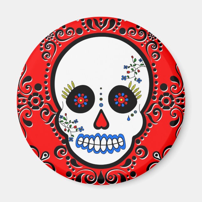 Day of the Dead Sugar Skull - White and Red Magnet (Front)