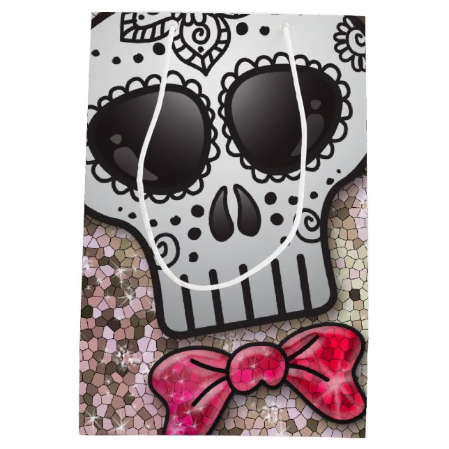 Day of the Dead Sugar Skull White Diamond Glitter Medium Gift Bag (Back)