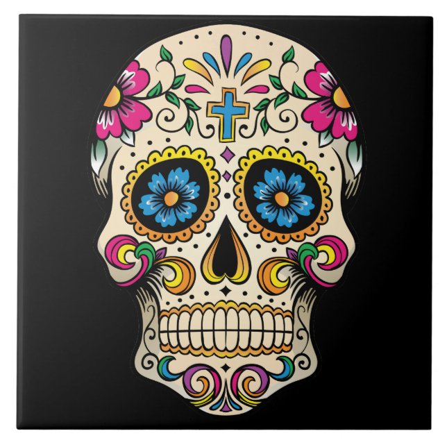 Day of the Dead Sugar Skull with Cross Tile (Front)