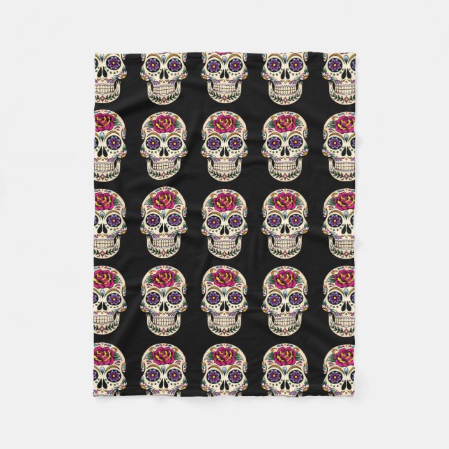 Day of the Dead Sugar Skull with Rose Fleece Blanket (Front)