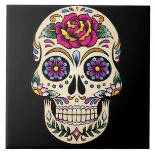 Day of the Dead Sugar Skull with Rose Tile