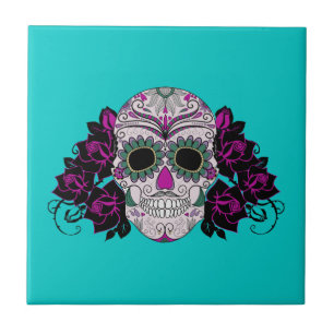 Day of the Dead Sugar Skull with Roses Tile