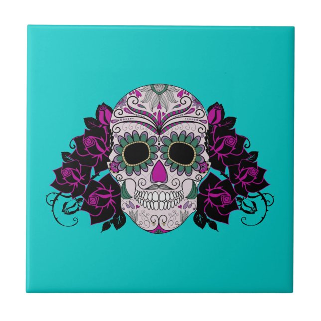 Day of the Dead Sugar Skull with Roses Tile (Front)