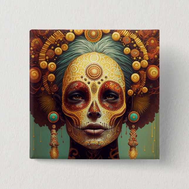 Day Of The Dead Sugar Skull Woman 2 Inch Square Button (Front)