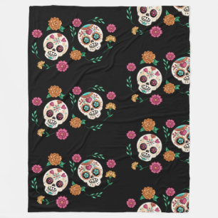 Day of the Dead Sugar Skulls and Flowers Black Fleece Blanket