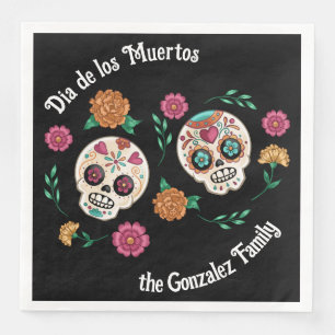 Day of the Dead Sugar Skulls and Flowers Black Napkin