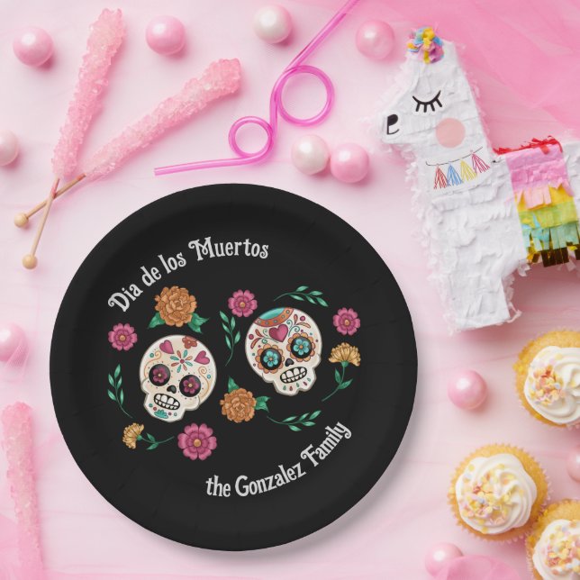 Day of the Dead Sugar Skulls and Flowers Black Paper Plate (Party)