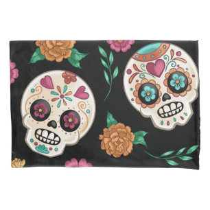 Day of the Dead Sugar Skulls and Flowers Black Pillowcase