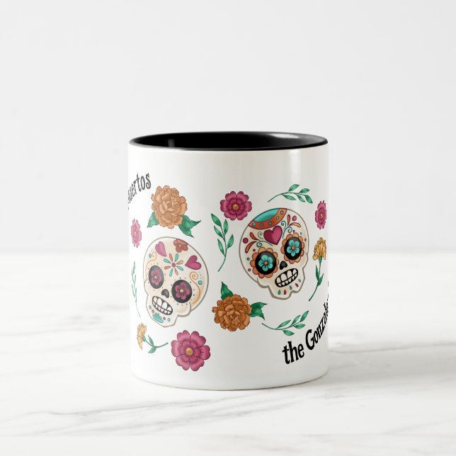 Day of the Dead Sugar Skulls and Flowers Two-Tone Coffee Mug (Center)