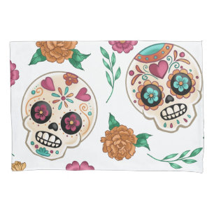 Day of the Dead Sugar Skulls and Flowers White Pillowcase