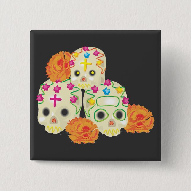 Day of the Dead Sugar Skulls and Marigolds 2 Inch Square Button (Front)