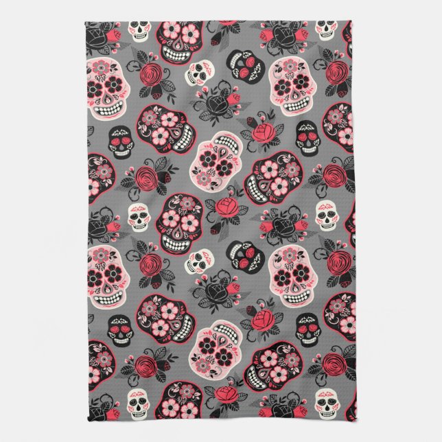 Day of the Dead Sugar Skulls, grey Kitchen Towel (Vertical)