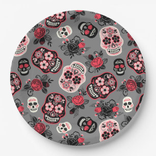 Day of the Dead Sugar Skulls, grey Paper Plate