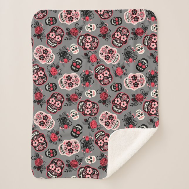 Day of the Dead Sugar Skulls, grey Sherpa Blanket (Front)