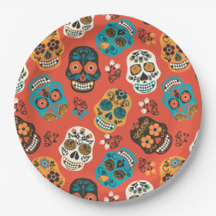 Day of the Dead Sugar Skulls, orange Paper Plate