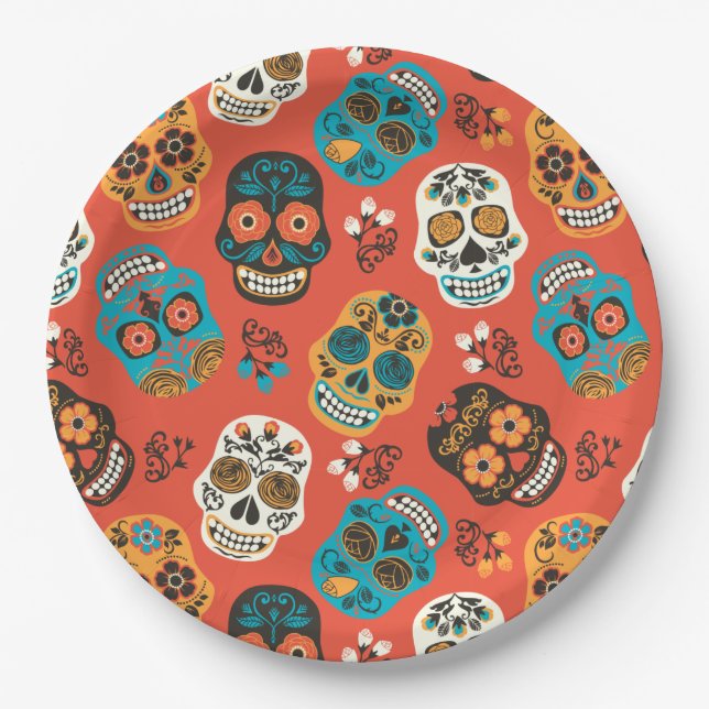 Day of the Dead Sugar Skulls, orange Paper Plate (Front)