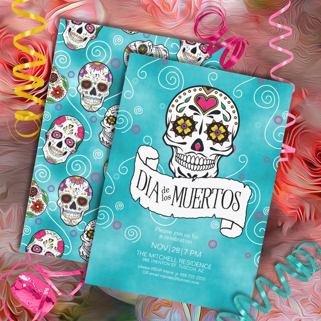 Day of the Dead Sugar Skulls Turquoise ID725 Invitation (Front/Back In Situ)