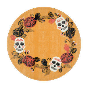 Day of the Dead Sugar Skulls Wreath, orange Cutting Board