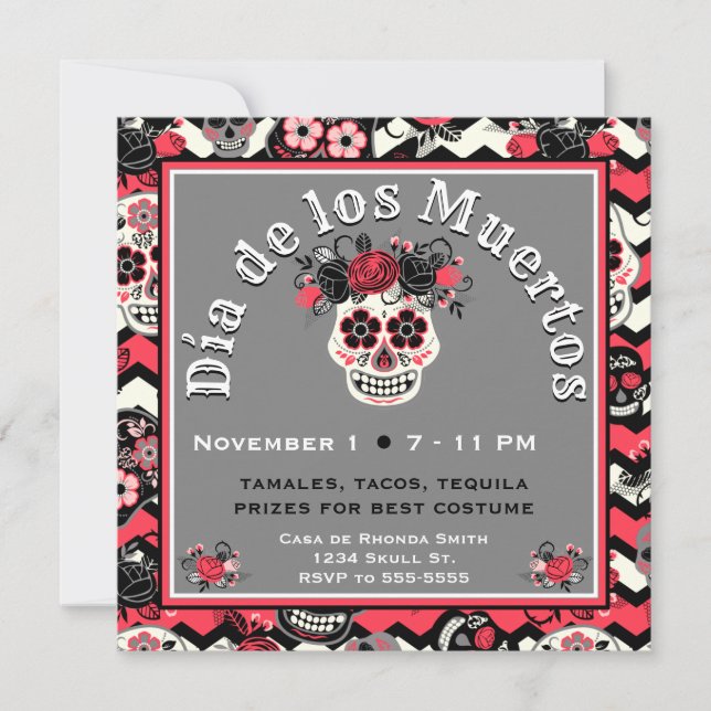 Day of the Dead Sugar Skulls, zigzag rose Invitation (Front)