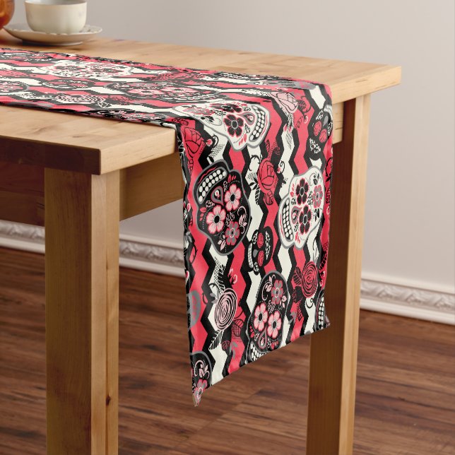 Day of the Dead Sugar Skulls, zigzag Short Table Runner (In Situ)