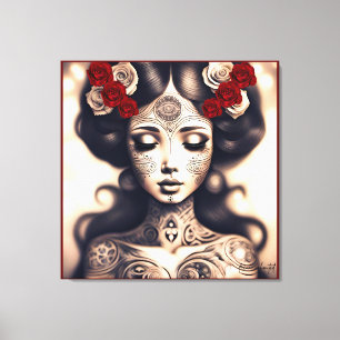 DAY OF THE DEAD TATTOO BEAUTY PORTRAIT ROSES CANVAS PRINT