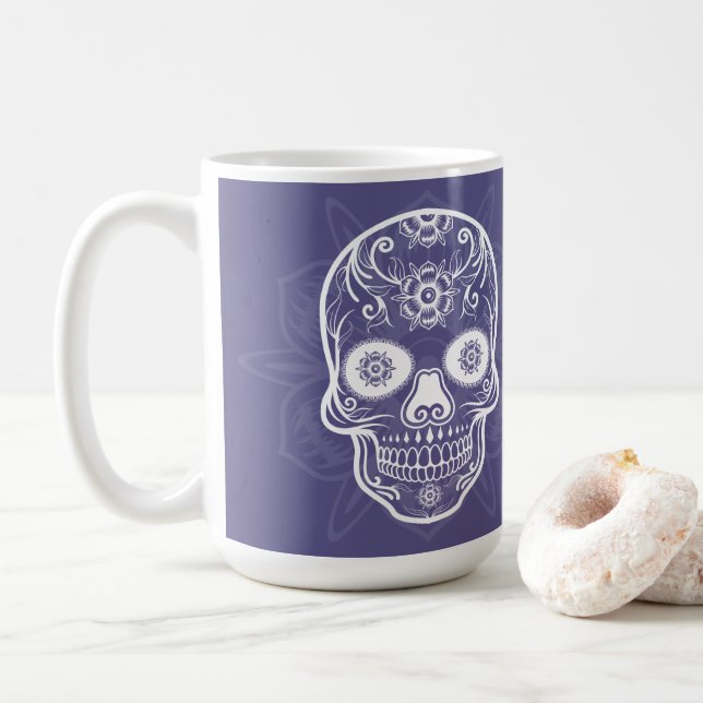 Day Of The Dead White Sugar Skull Purple Coffee Mug (With Donut)