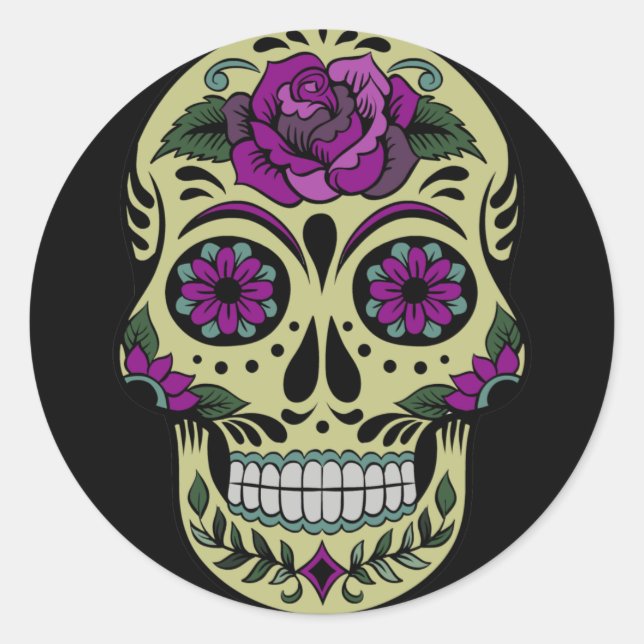 Day of the Dead with Purple Rose Classic Round Sticker (Front)