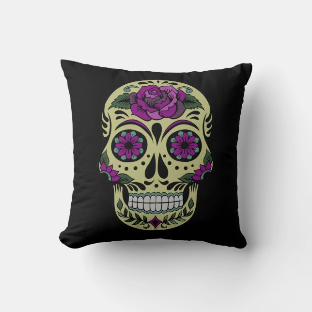 Day of the Dead with Purple Rose Throw Pillow (Front)