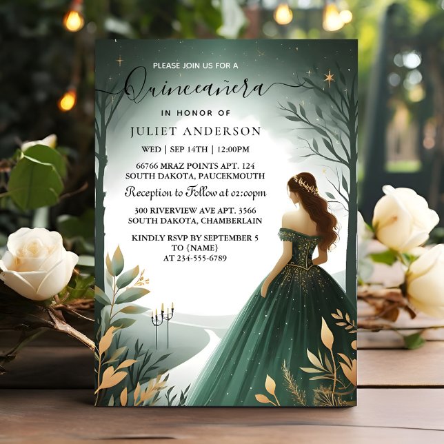 Day Trees Gold Mint Glam Emerald Green Quinceanera Invitation (Creator Uploaded)
