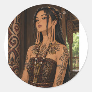 DAYAK LONG EAR WOMAN TRIBAL TATTOO ART CLASSIC ROUND STICKER