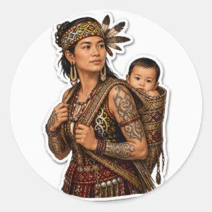 DAYAK MOTHER AND BABY TRIBAL BORNEO ART CLASSIC ROUND STICKER