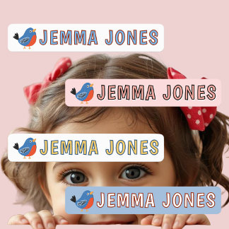 Daycare Label Cute Robin Bird Blue Kid Name 