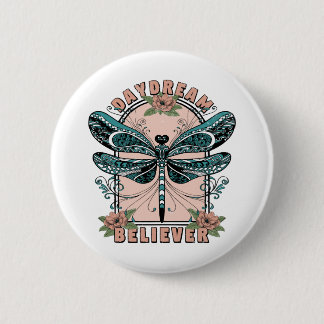 Daydream, Cute Dragonfly, Pretty Floral Design 2 Inch Round Button