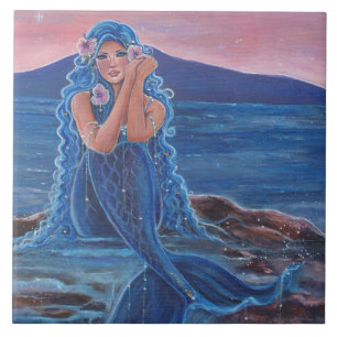 Daydreamer blue mermaid by Renee Lavoie Tile