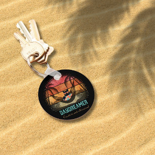 Daydreaming Cool Cat's Tropical Escape round Keychain