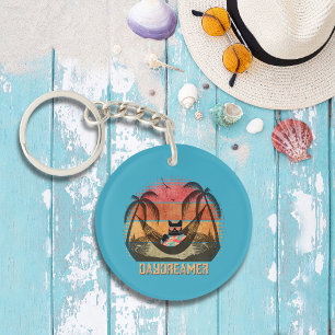 Daydreaming Cool Cat's Tropical Escape Round Keychain