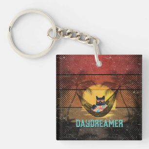 Daydreaming Cool Cat's Tropical Escape Square Keychain